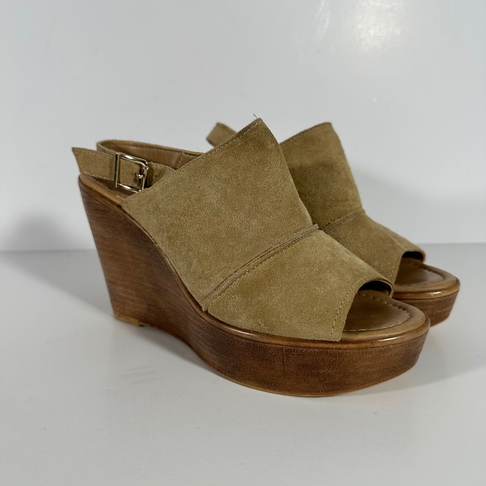Milla Paoli Italy Tan Suede Platform Wedge Sandals Peep Toe Slingback Wood Heel